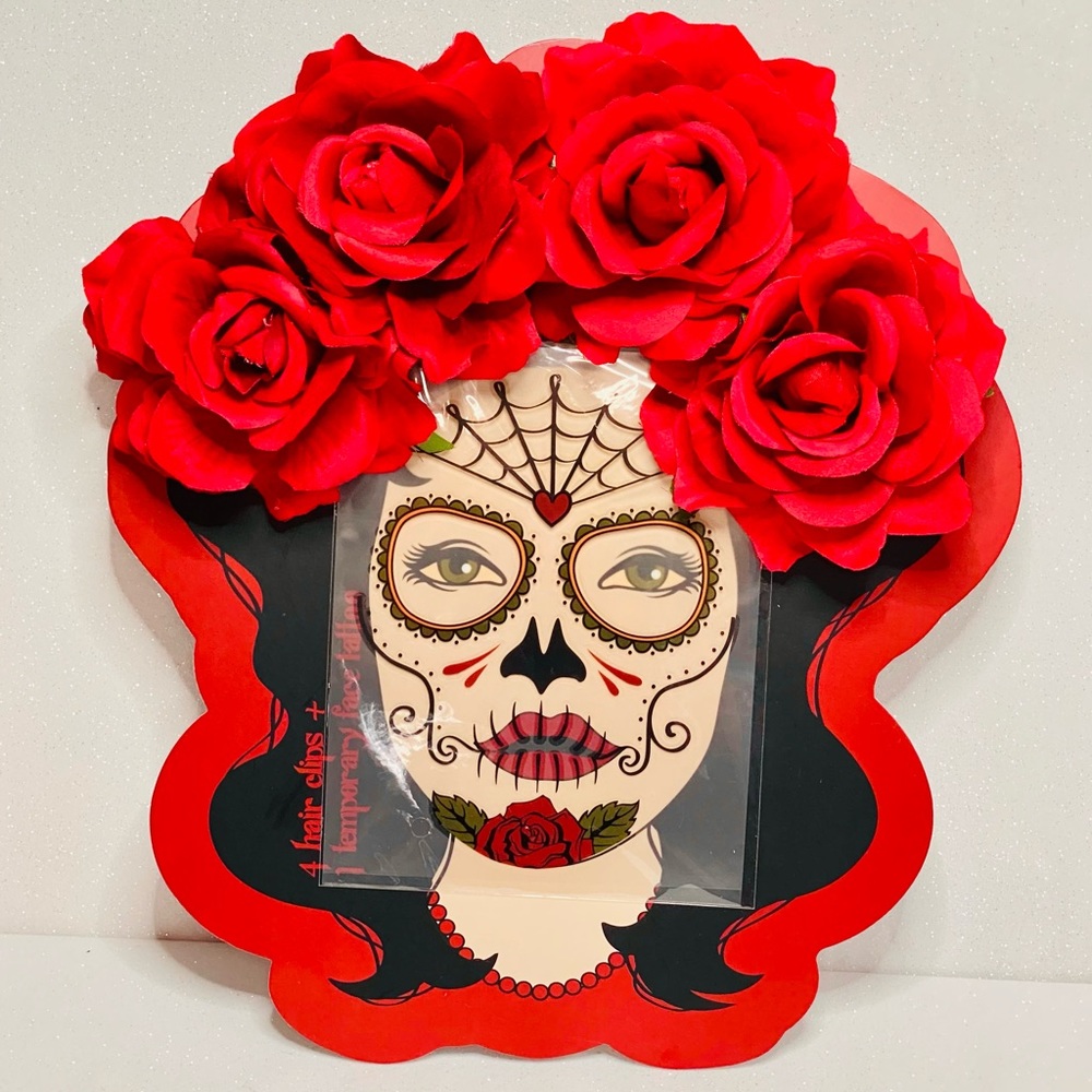 💀🥀 Sugar Skull Temporary Face Tattoo & 4 Rose Hair Clips! 💀🥀 *LAST ONE!!*